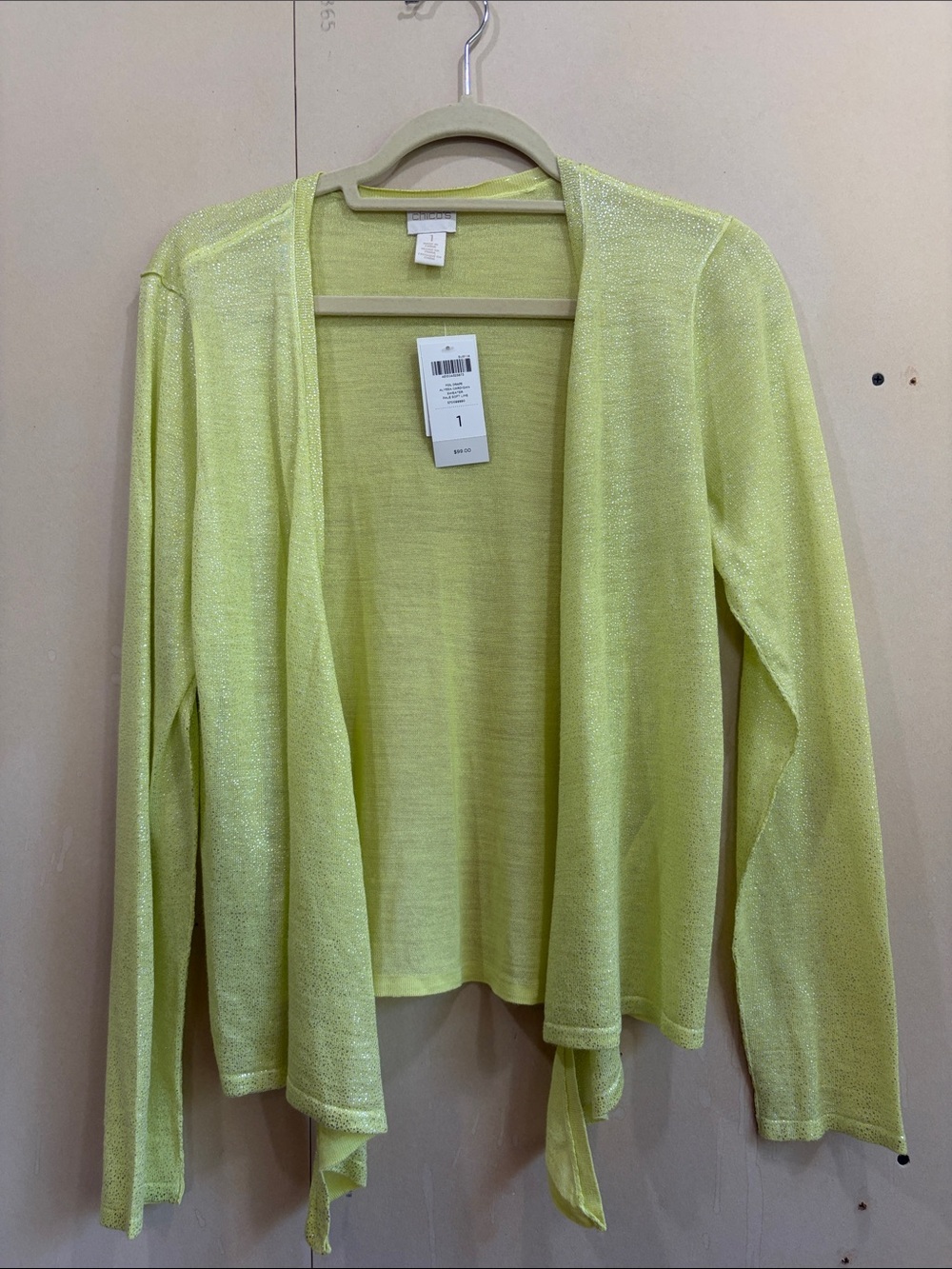 NWT Chico’s Lime Green And Silver Foil Drape Alyssa Cardigan Size S